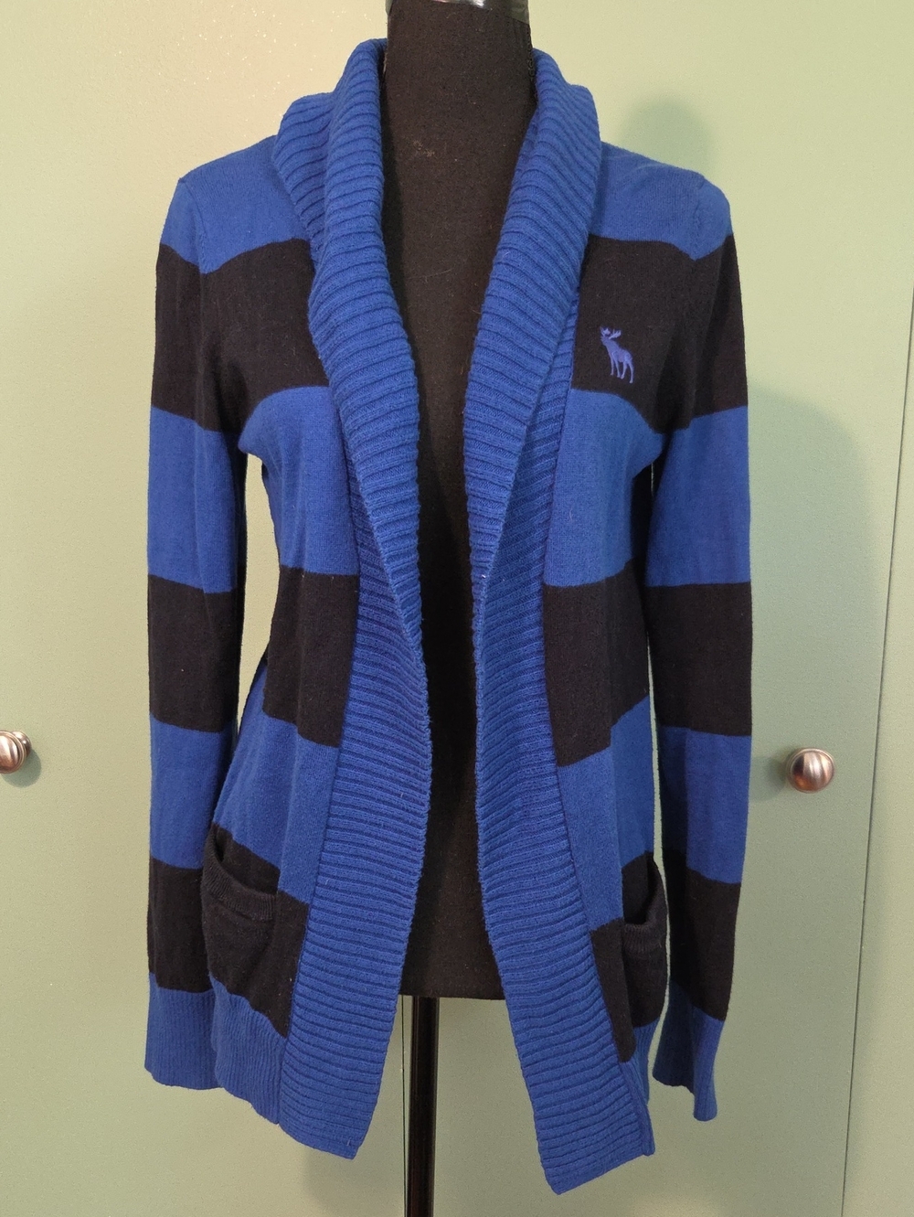 Abercrombie & Fitch Royal Blue and Black Striped Open-Front Cardigan Size Medium
